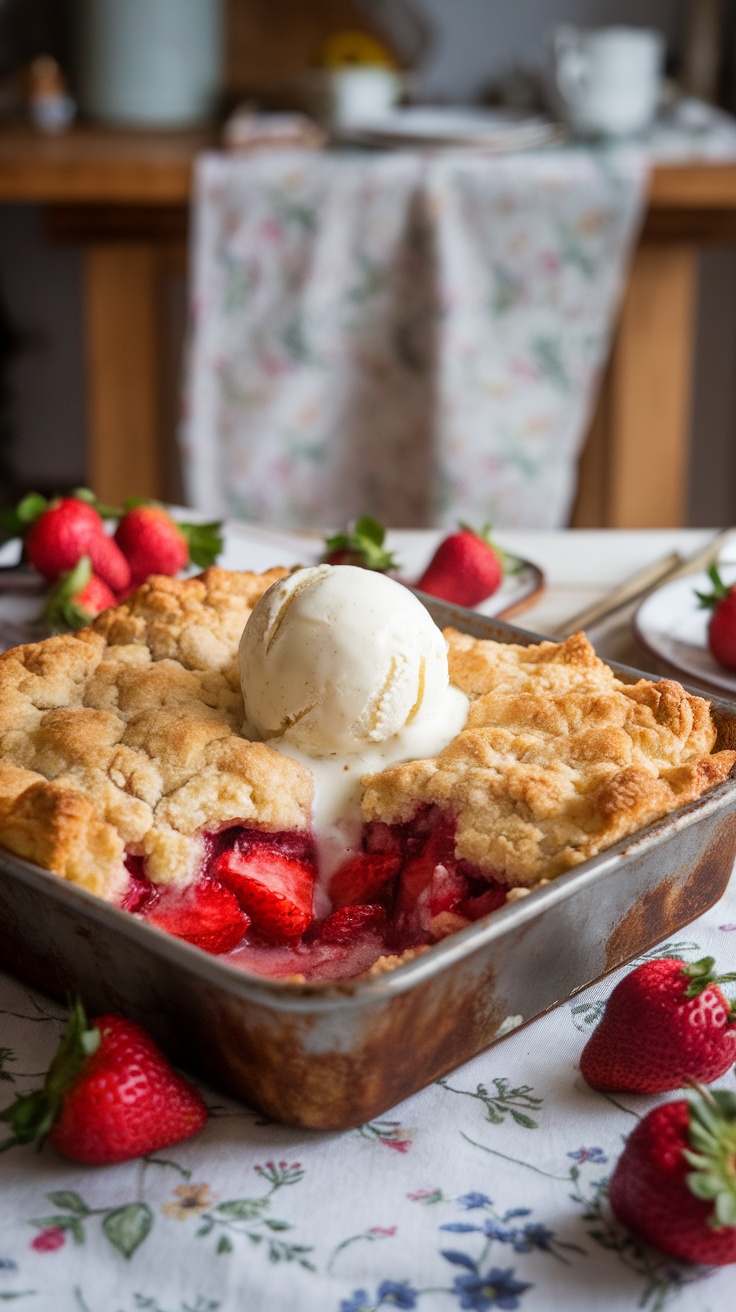 Classic Easy Strawberry Cobbler Recipe Warm strawberry cobbler in a baking dish topped with melting vanilla ice cream, surrounded by fresh strawberries on a rustic table.